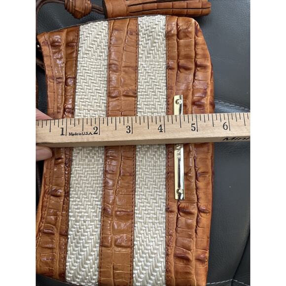Brahmin Tote Bag Womens Brown Croc Embossed Leather Woven Straw Shoulder Tassel - Picture 9 of 10